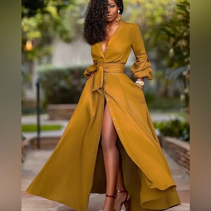 Passion Of Essence Dress Mustard Yellow Shirting Maxi Dress With Belt