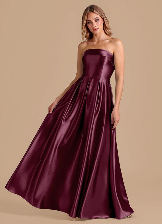 Bridesmaid Dress - Metallic Satin Pink A-Line Straight Floor-Length Cabernet Dress - Azazie Lucienne