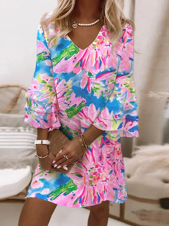 Women's Floral Half Sleeve Summer Printing Dress V Neck Daily Casual Midi Classic H-Line Dress