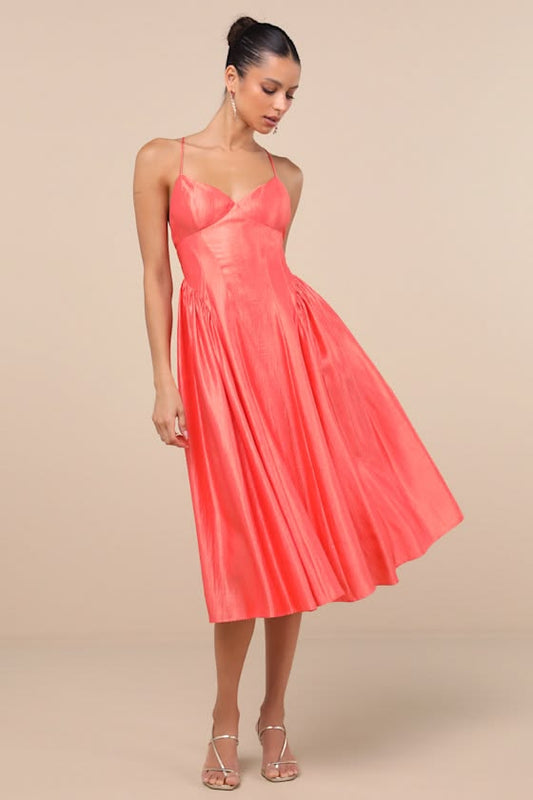 Paride Shiny Coral Gathered Lace-Up Midi Dress