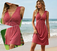 Quenby - Deep V-Neck Knot Waist A-Line Dress