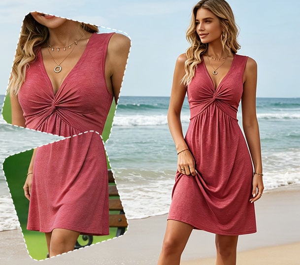 Quenby - Deep V-Neck Knot Waist A-Line Dress