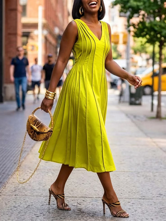Women Casual Midi Dress Natural X Line V Neck Sleeveless Cotton And