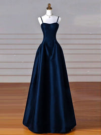 Simple A Line Dark Blue Satin Long Prom Dress, Dark Blue Long Formal