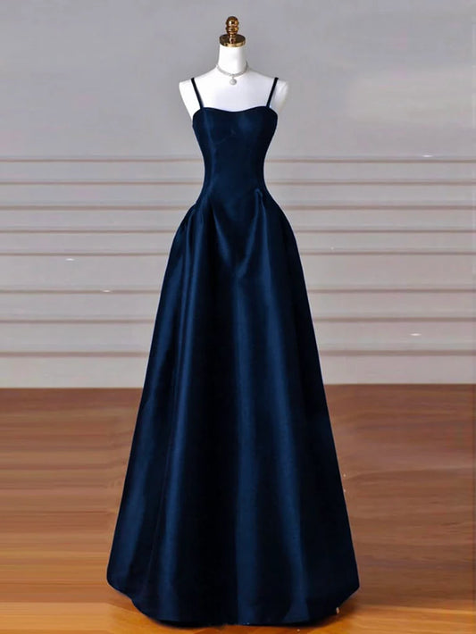 Simple A Line Dark Blue Satin Long Prom Dress, Dark Blue Long Formal