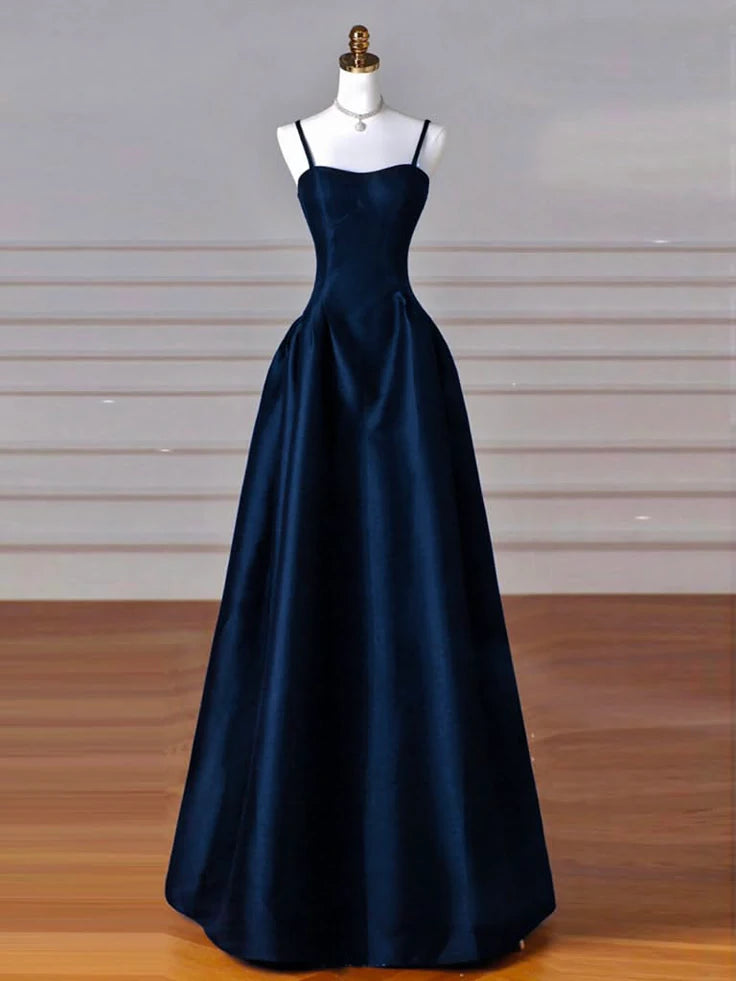 Simple A Line Dark Blue Satin Long Prom Dress, Dark Blue Long Formal