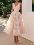 Light Pink Bow Embroidery Classic V Neck Sleeveless A Line Midi Dress