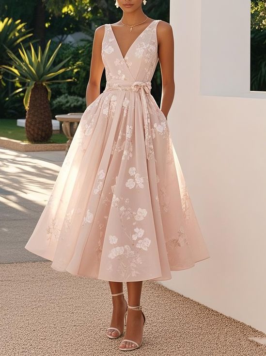 Light Pink Bow Embroidery Classic V Neck Sleeveless A Line Midi Dress