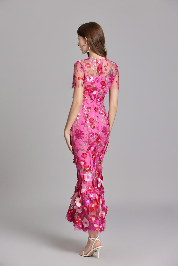 3D Floral Embroidered Lace Mermaid Dress Yellow