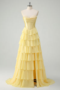 Yellow A Line Strapless Basque Waist Long Prom Dress With Tiered
