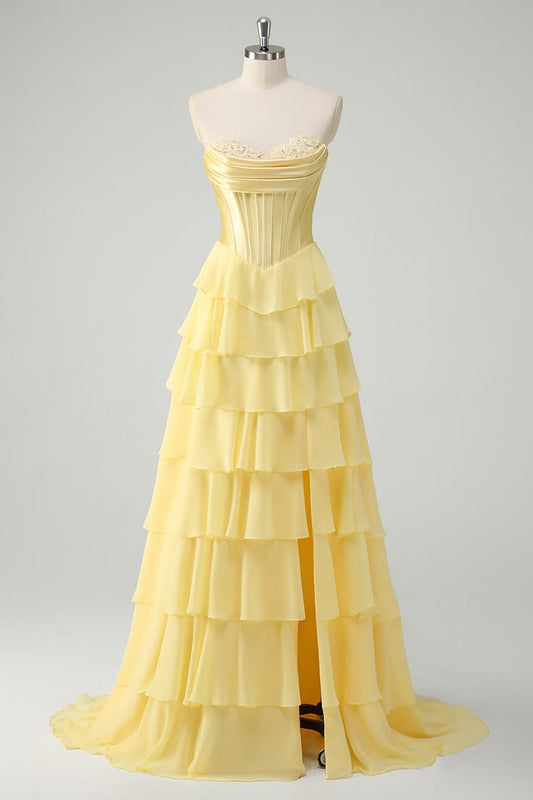 Yellow A Line Strapless Basque Waist Long Prom Dress With Tiered