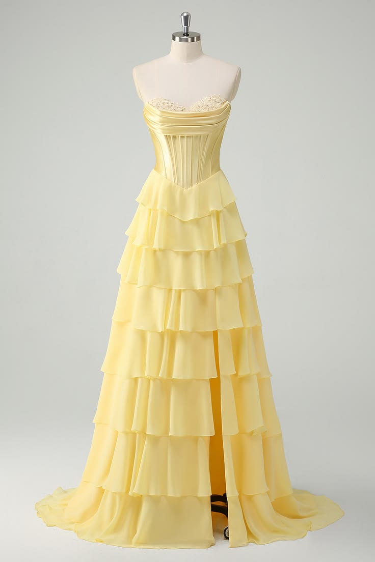 Yellow A Line Strapless Basque Waist Long Prom Dress With Tiered
