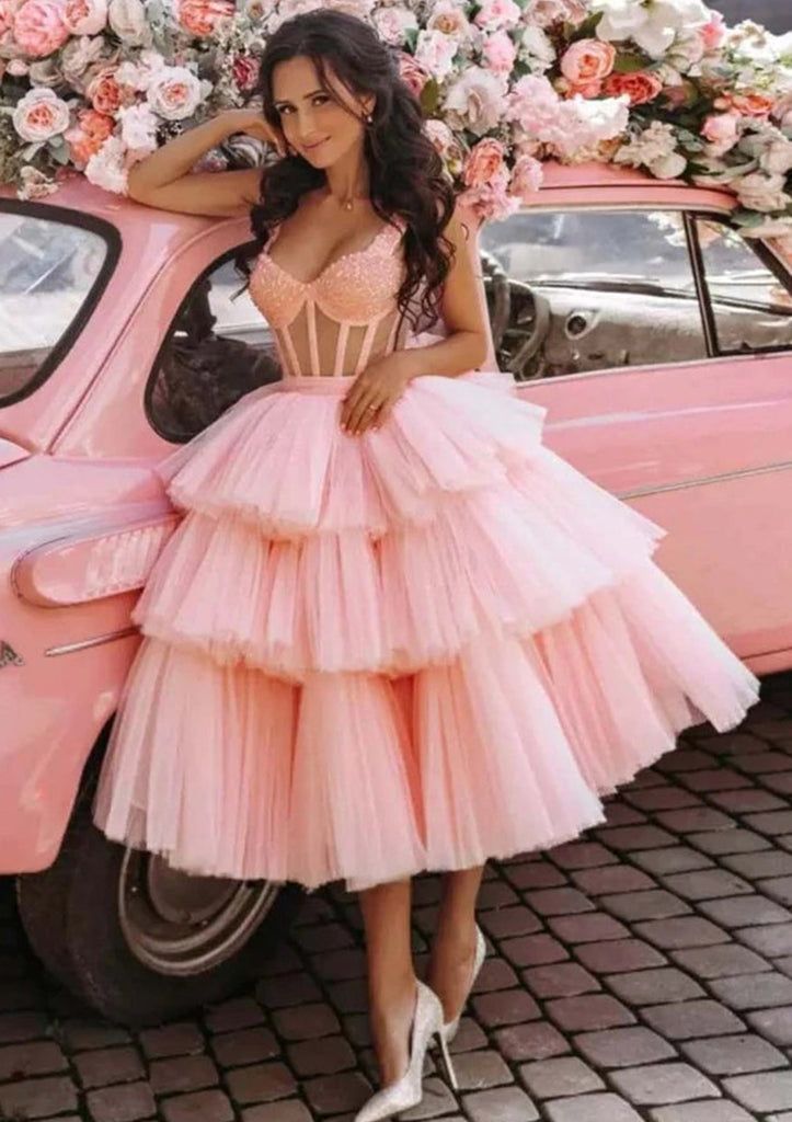 Ball Gown Corset Sweetheart Cupcake Tulle Tea Length Homecoming Dress