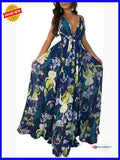 Spaghetti Strap V Neck Backless Floral Maxi Dress For Beach Party