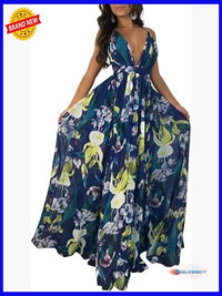 Spaghetti Strap V Neck Backless Floral Maxi Dress For Beach Party
