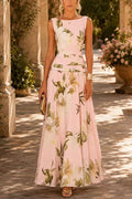 Margovil Boat Neck Sleeveless Floral Print Flowy Maxi Dress