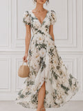 Floral Puff Sleeve Wrap Maxi Dress White