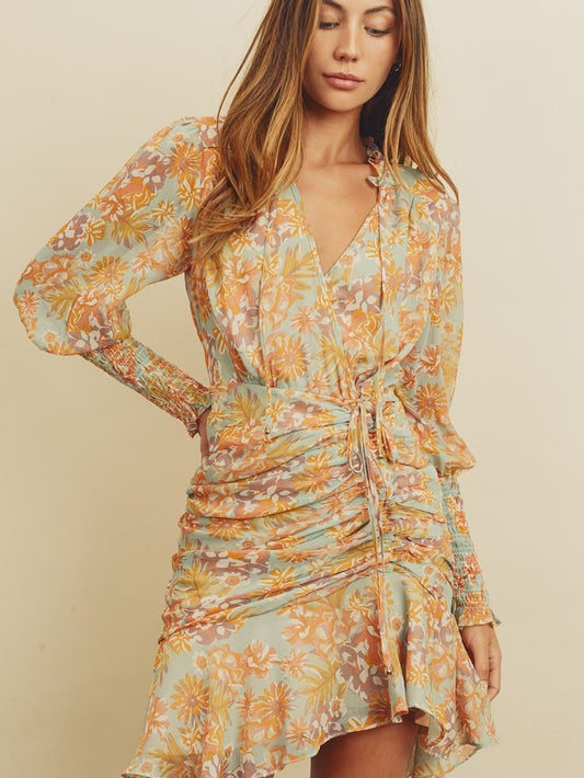 Pippa & Pearl Dress Floral Ruched Tie Waist Mini Dress Pastel Multi