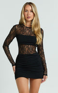 Imelda Mini Dress Contrast Lace Long Sleeve Ruched Bodycon Dress In