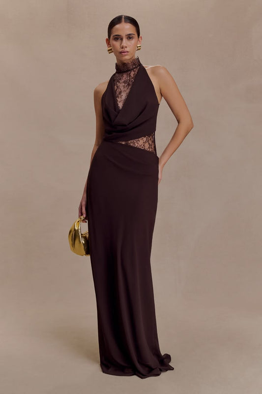 Arra Chiffon And Lace Halter Maxi Dress - Cacao Brown