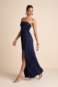 Poised Performance Navy Plisse One Shoulder Maxi Dress