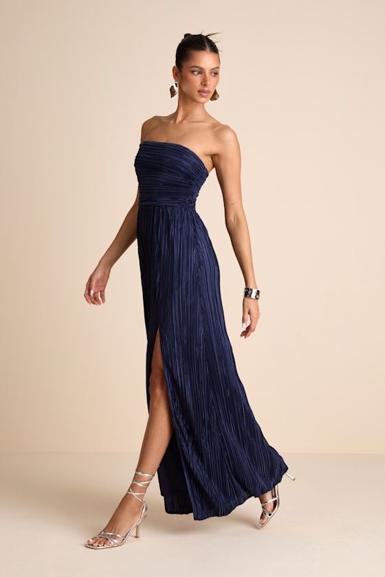 Poised Performance Navy Plisse One Shoulder Maxi Dress