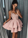 A Line Spaghetti Straps Satin Sleeveless Short Mini Dress