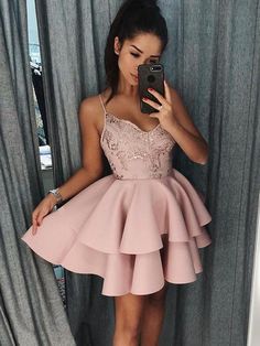 A Line Spaghetti Straps Satin Sleeveless Short Mini Dress