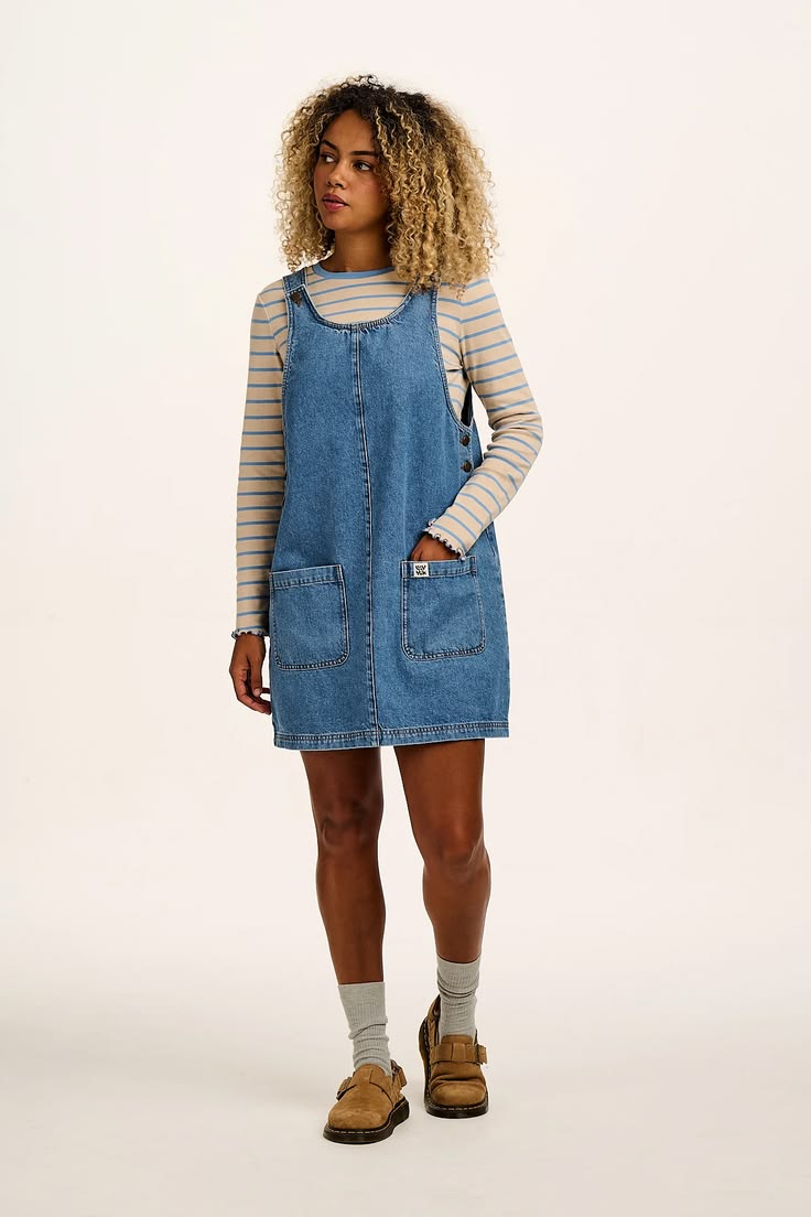 Layla Mini Denim Dress In Mid Wash Blue