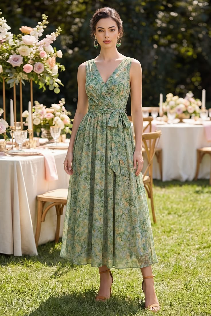 Staubiges Grunes Gerafftes V Ausschnitt Mit Blumen A Linie Midi Kleid