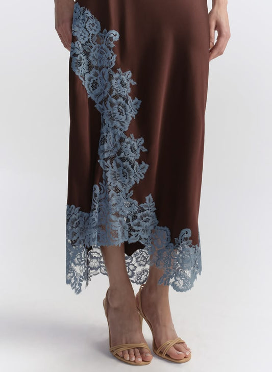 Olivia Satin And Lace Midi Skirt Ganache French Blue