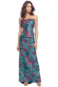 Strapless Floral Brocade Fit And Flare Gown With Floral Appliques