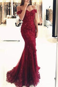 Elegant Burgundy Mermaid Off The Shoulder Beaded Lace Appliques