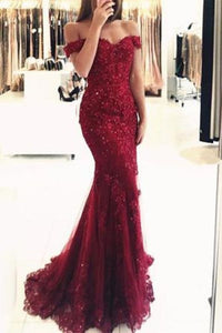 Elegant Burgundy Mermaid Off The Shoulder Beaded Lace Appliques