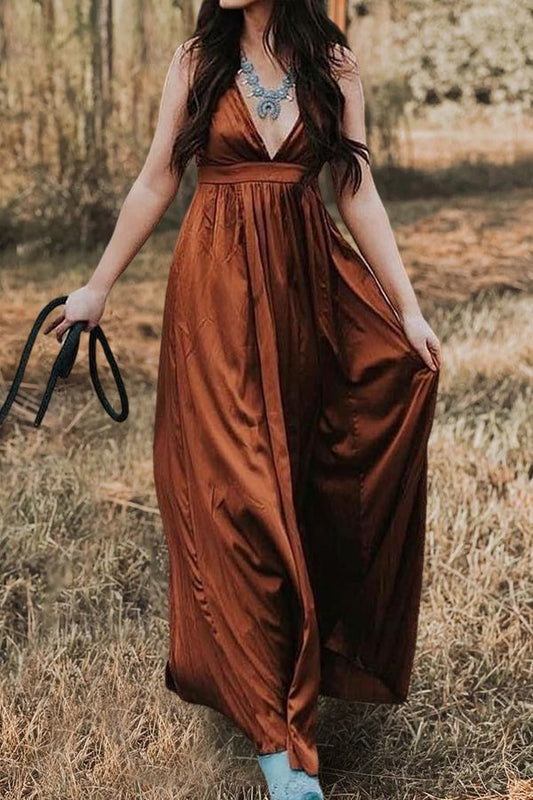 Retro Deep V Neck Sleeveless Maxi Dresse Brown 2Xl