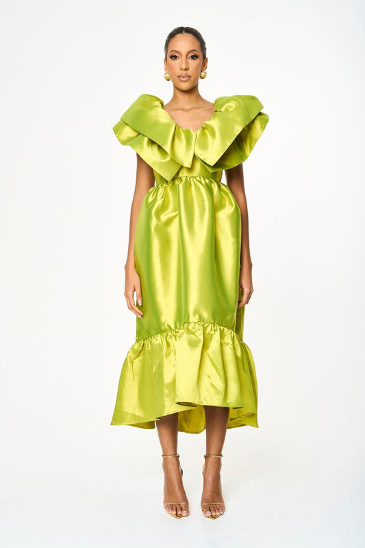 Green Ruffle Gown: Elegant Party Dress With Pockets