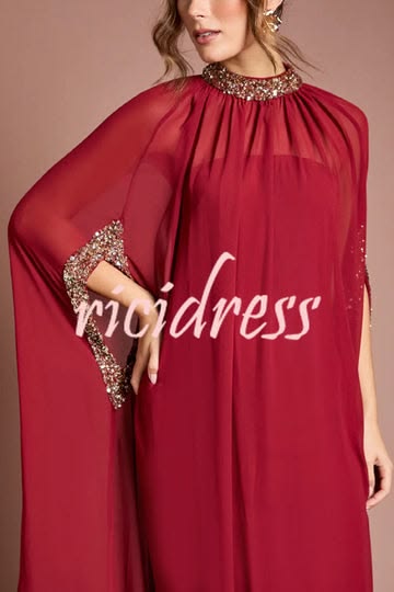 My Dearest Chiffon Sequin Trim High Neck Batwing Cutout Sleeve Cape