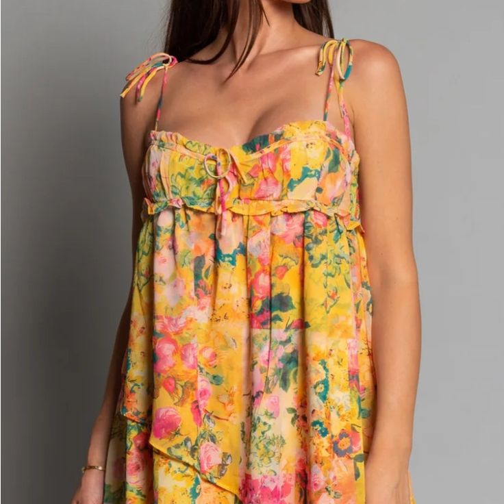 Floral Summer Dress Color: Green Yellow Size: 4