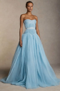 White Chiffon Strapless Sleeveless High Waist Long Prom Dress With