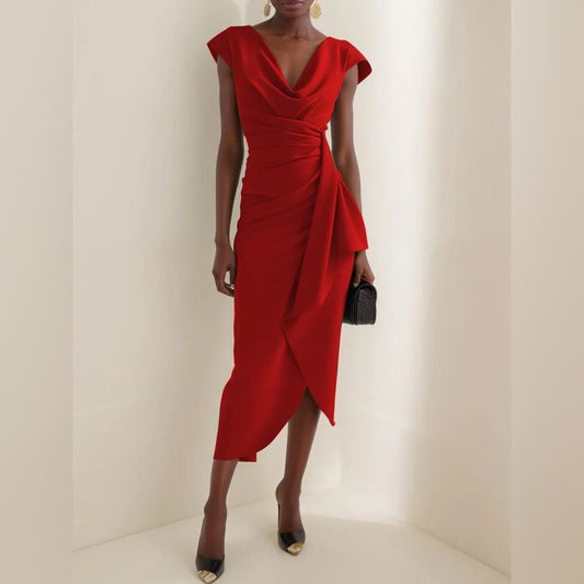 Fehaute Dress Fehaute Cowl Neck Ruched Cap Sleeve Sheath Midi Dress