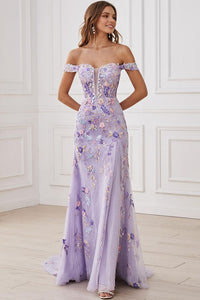 Lilac Floral Off The Shoulder Mermaid Long Prom Dress Lilac