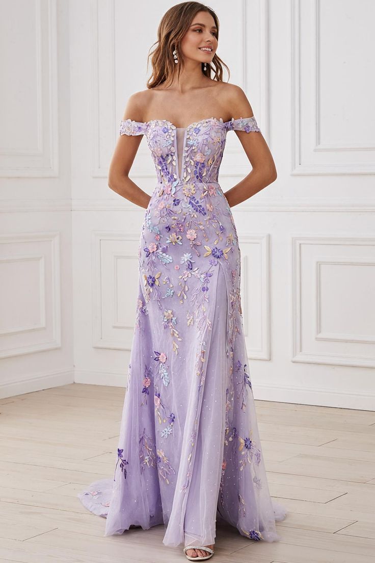 Lilac Floral Off The Shoulder Mermaid Long Prom Dress Lilac
