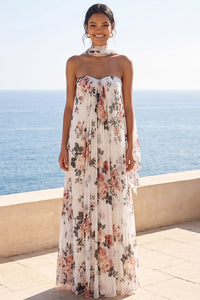 Strapless Ivory Floral A Line Long Formal Dress Ivory