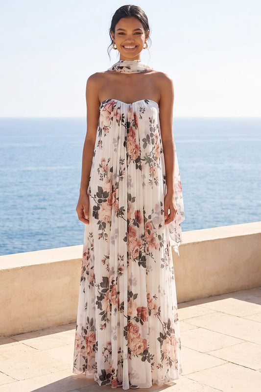 Strapless Ivory Floral A Line Long Formal Dress Ivory