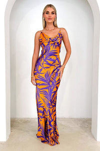 Sexy Purple Floral Print V Neck Slim Maxi Dress Purple M