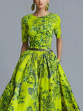 Women Lime Green Floral Print Maxi Dress With Pockets, Round Neck
