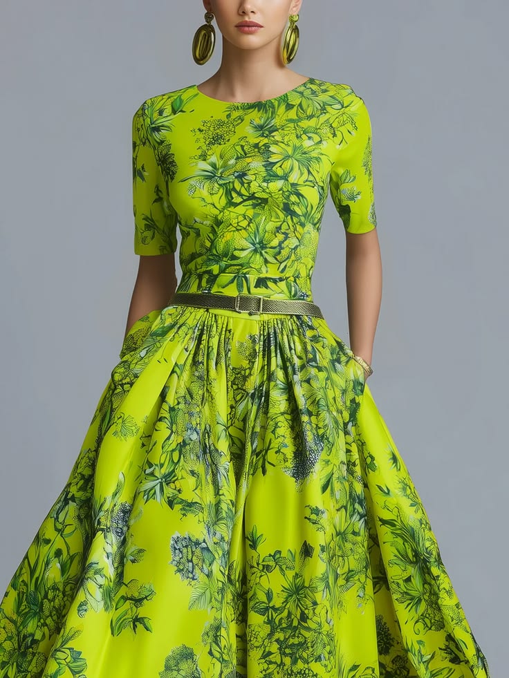 Women Lime Green Floral Print Maxi Dress With Pockets, Round Neck