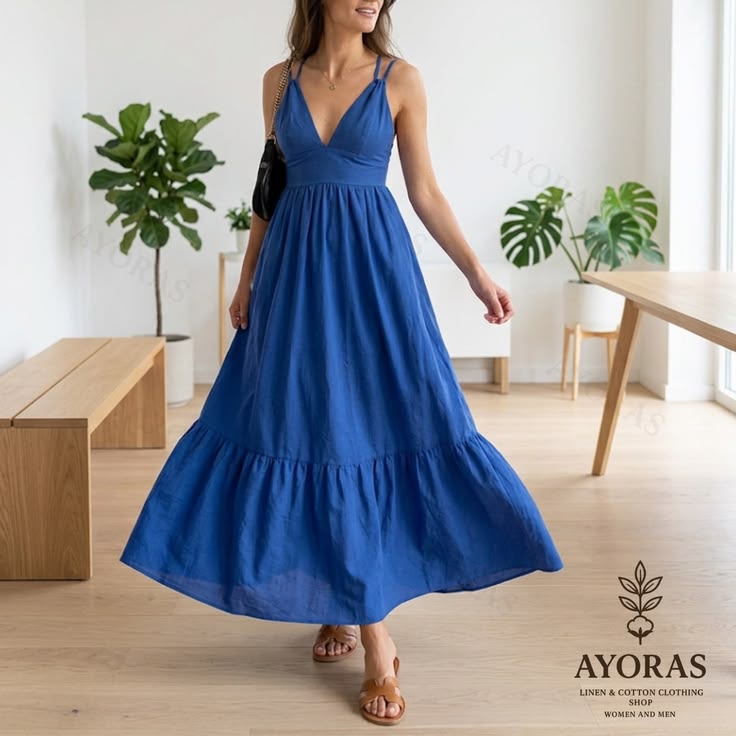 Blue Maxi Dress For Women Summer Boho Dress, Sleeveless V Neck