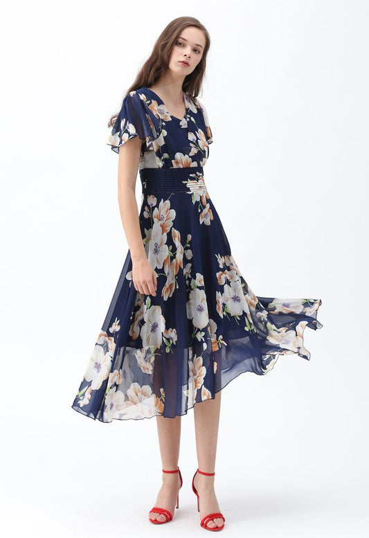 Sweet Surrender Floral Chiffon Dress In Navy