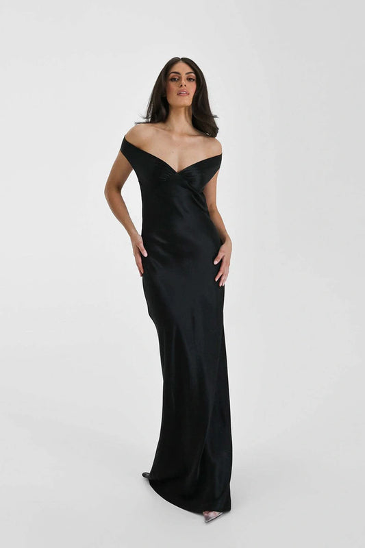 Vintage Satin Mermaid Off Shoulder Maxi Dress Black S